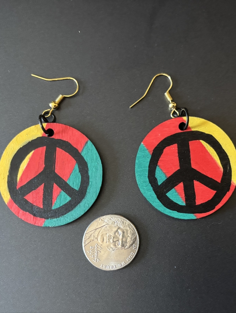 Handpainted Peace Sign Wooden Earrings - Red, Green, Yellow